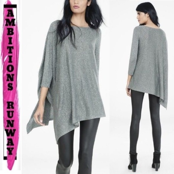 Express Sweaters - Express Gray Metallic Extreme Asymmetrical Sweater